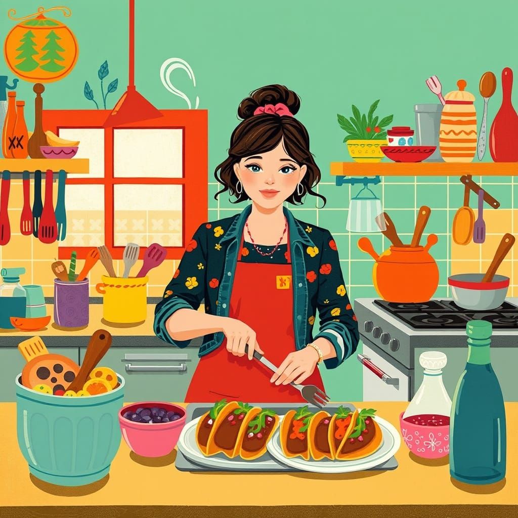 Vibrant Kitchen Scene with Whimsical Tacos