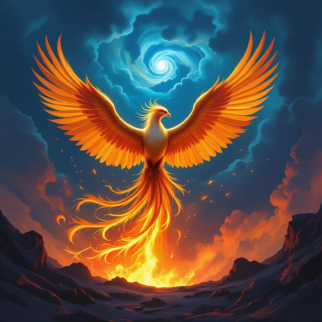 Majestic Phoenix of Gold and Sapphire Erupts from Volcano