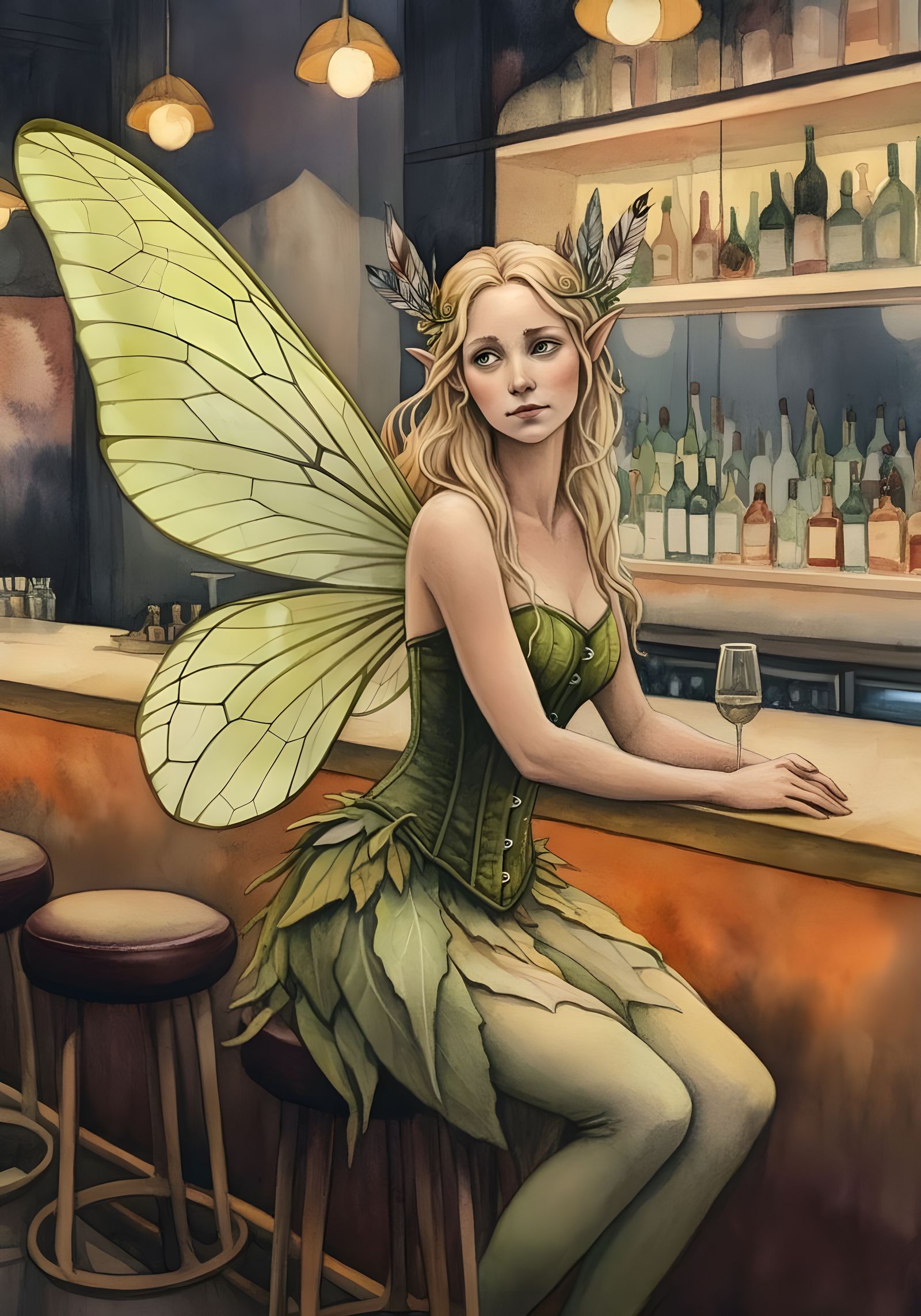 Whimsical Fairy Sits Alone in a Modern Hotel Bar
