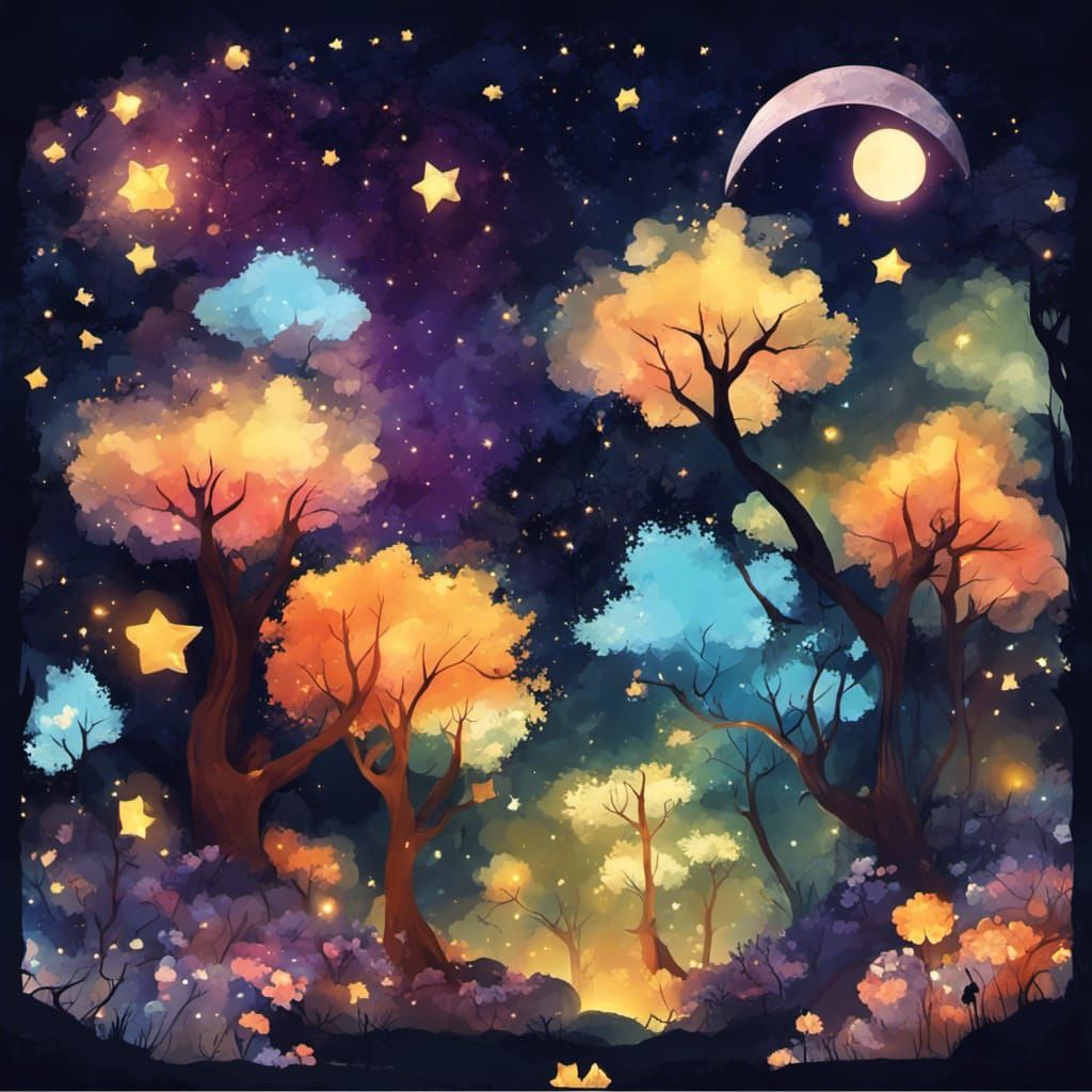 Fantasy Forest with Magic Arch Under Moonlight