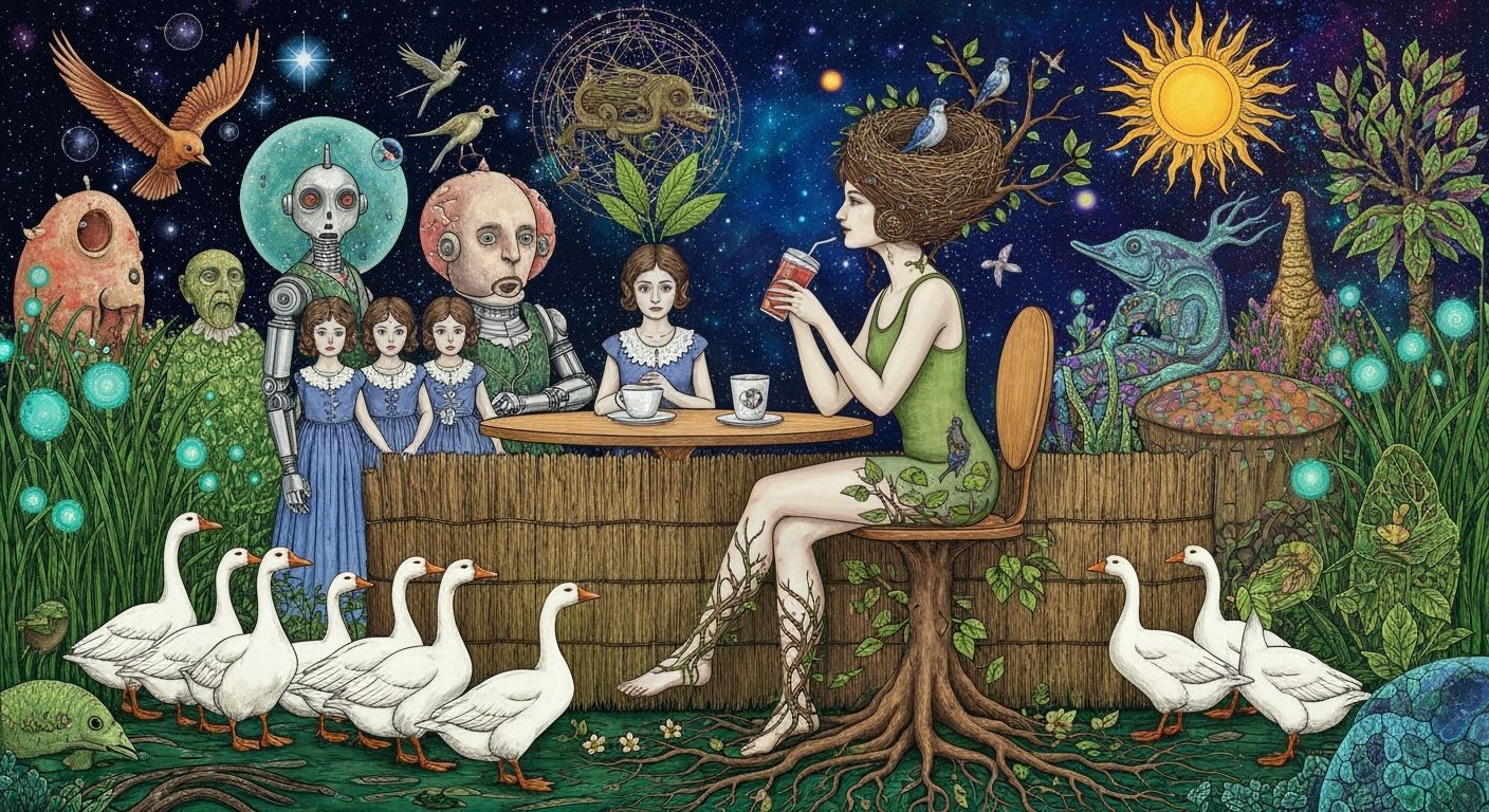 Woman with Nest and Birds in Cosmic Cafe