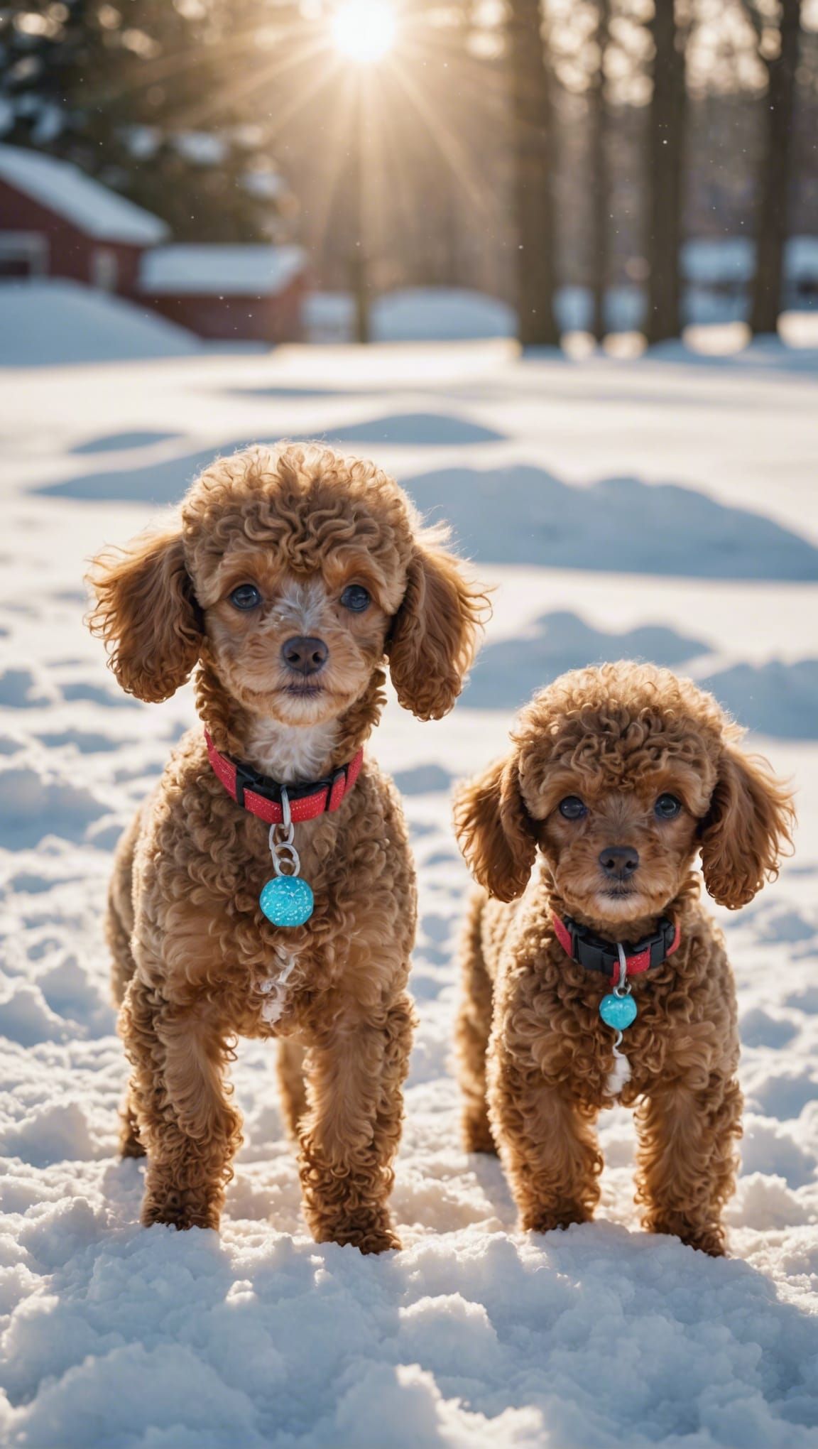 Poodles Frolicking in the Snow with Divine Sunlight