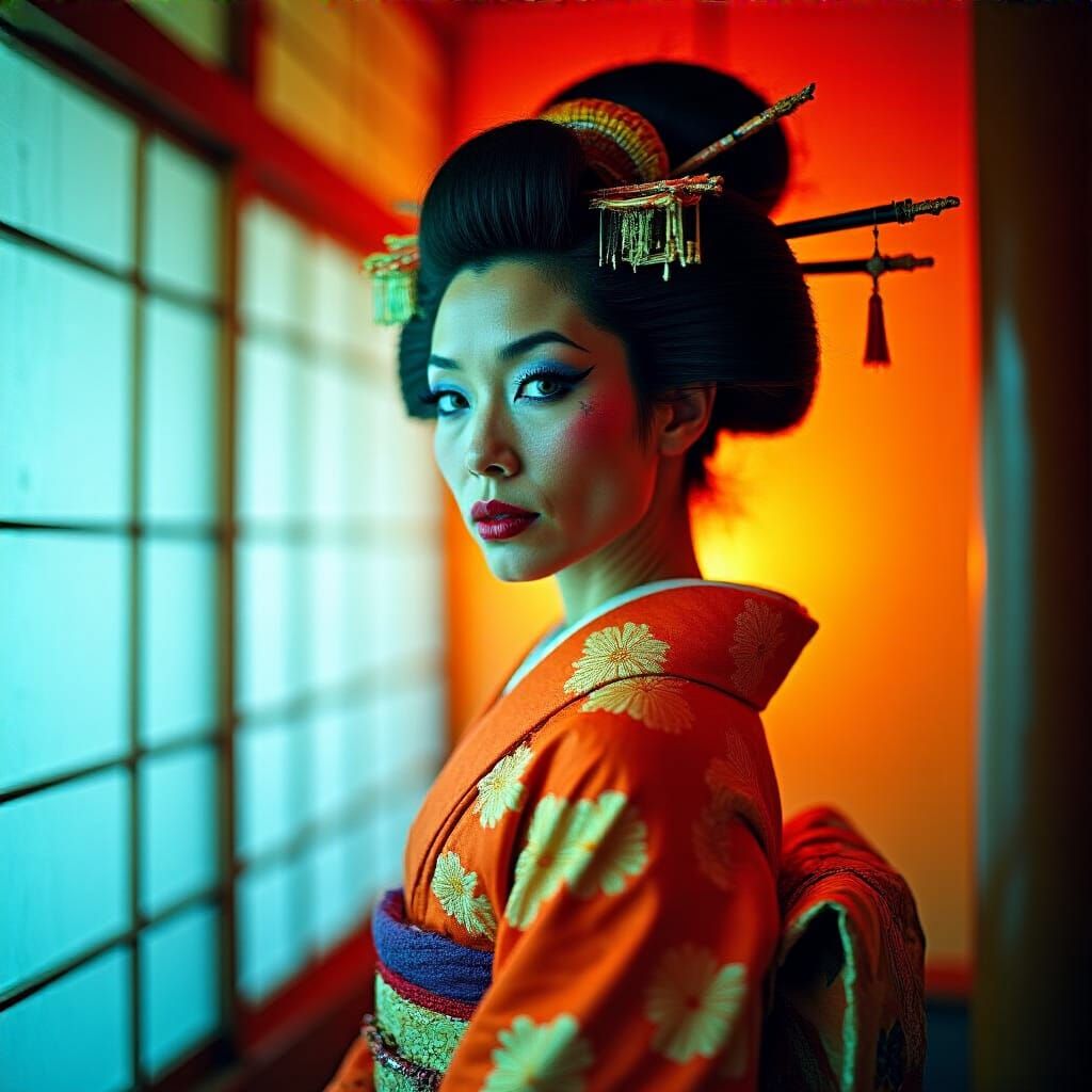 Punk Geisha Portrait in Vibrant Amber Tones