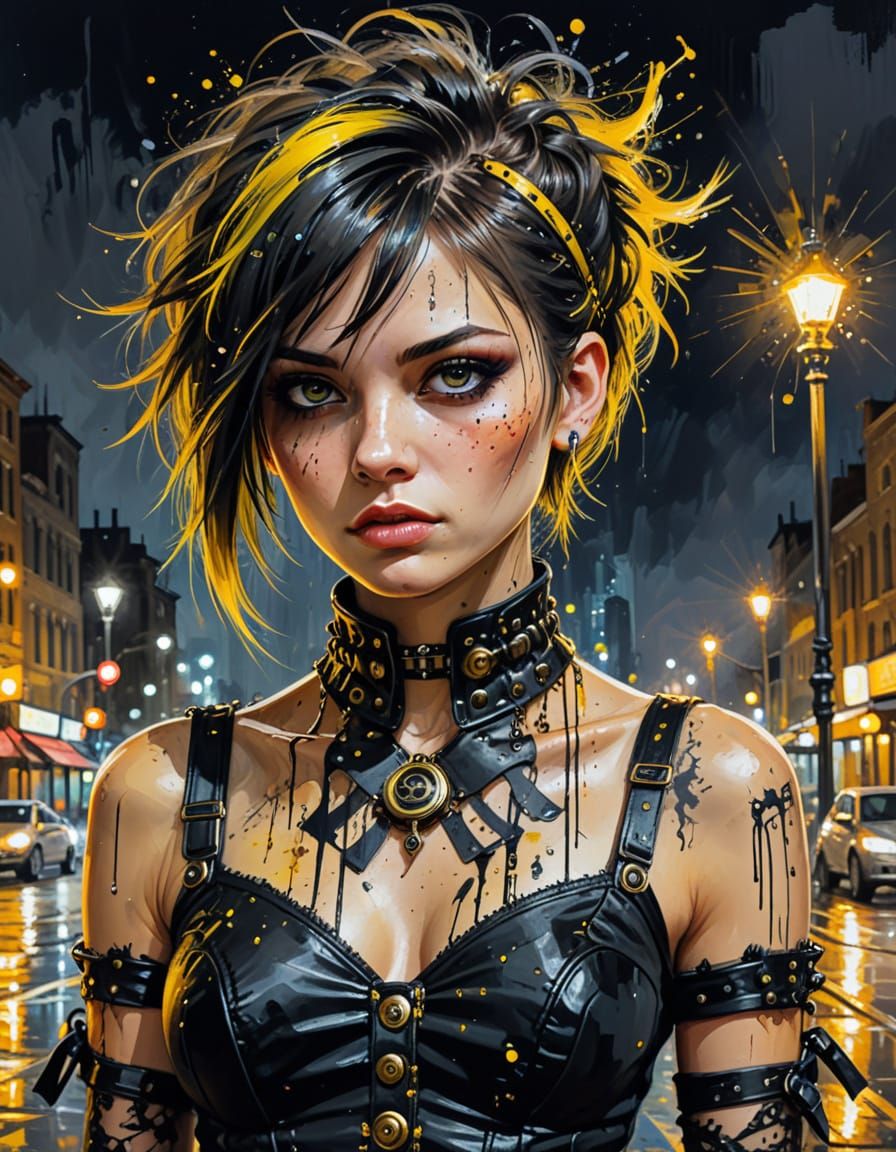 Steampunk Punk in Night City: Oil on Canvas