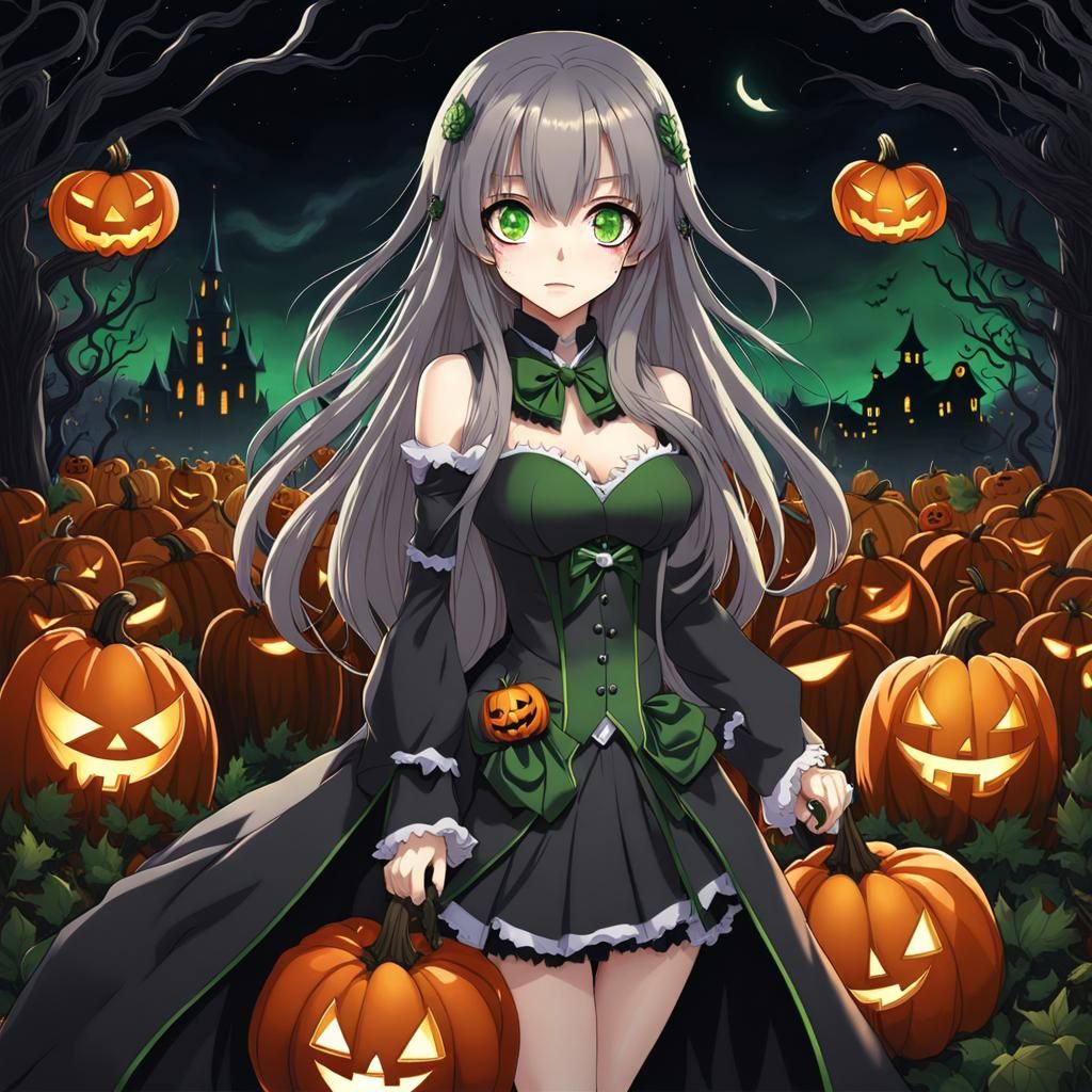 Anime Girl in Halloween Costume with Pumpkins