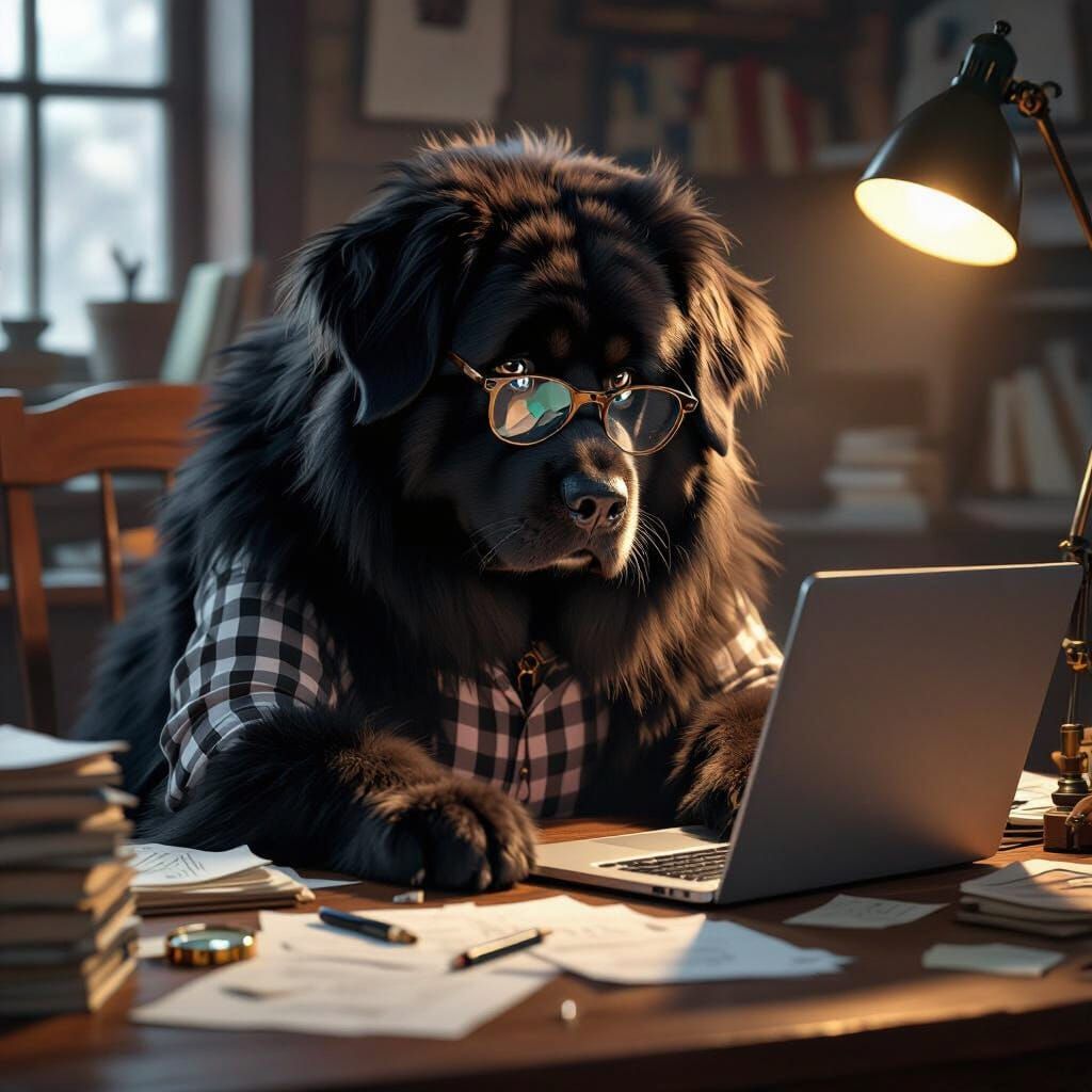 Nerd Newfoundland Dog Solves Mysteries at Cluttered Desk