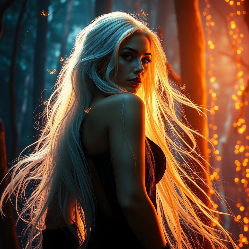 Surreal Forest Goddess with Glittering Fireflies in Her Flow...