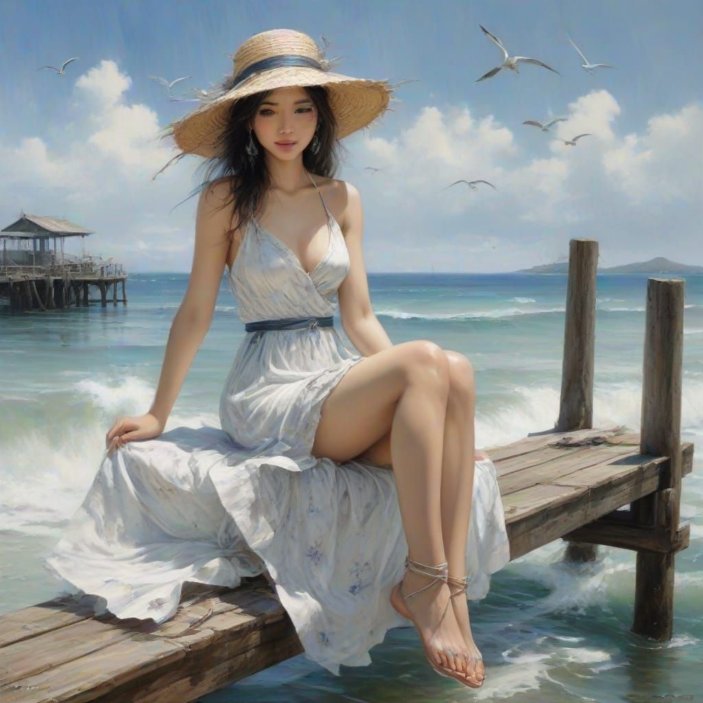 Sultry Thai Woman Relaxing on a Pier with Seagulls and Waves
