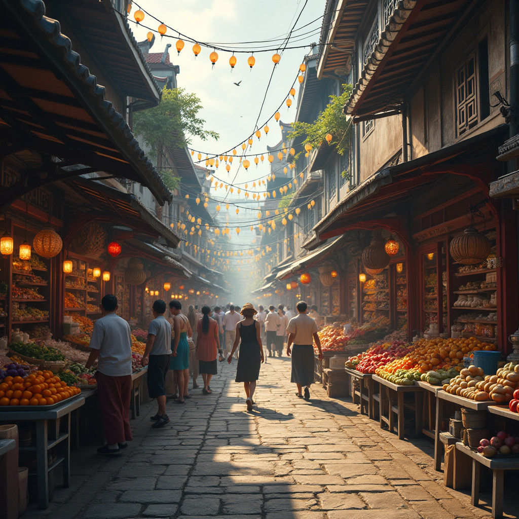 Bustling Chinatown Wet Market: Fantasy Concept Art