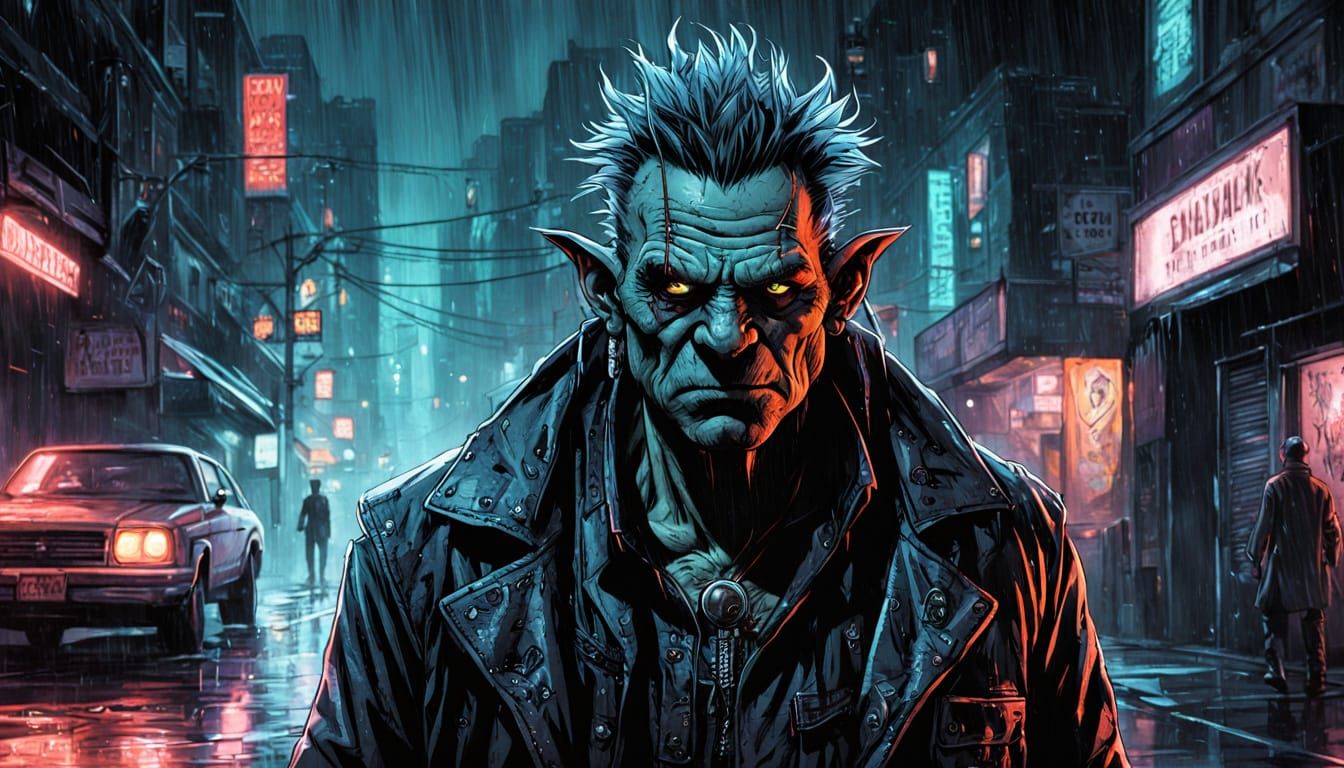 Futuristic Cyberpunk Troll in Rain-Soaked City