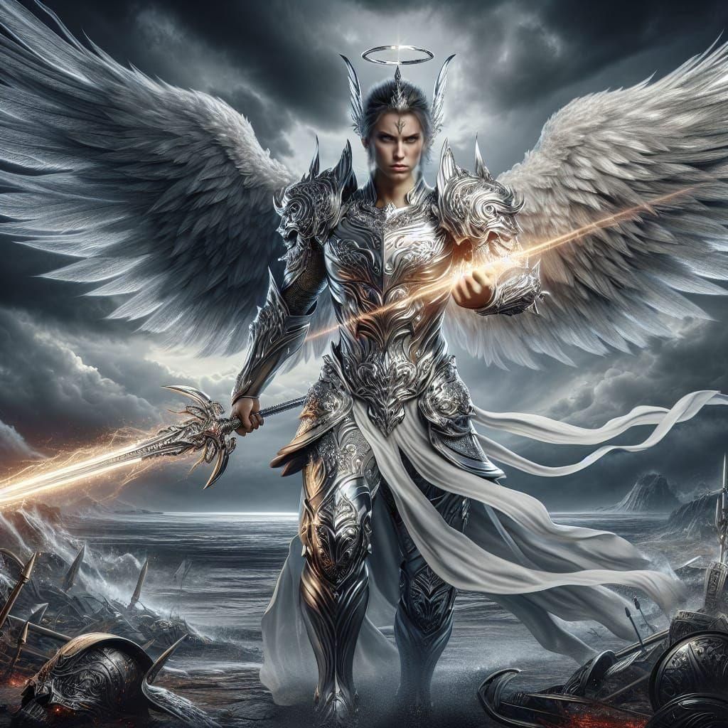 Warrior Angel on Battlefield with Sword and Stormy Sky