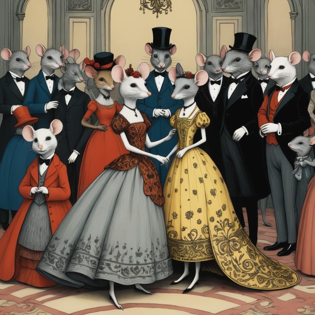 Elegant Mouse Gala in Gorey-Pixar Style