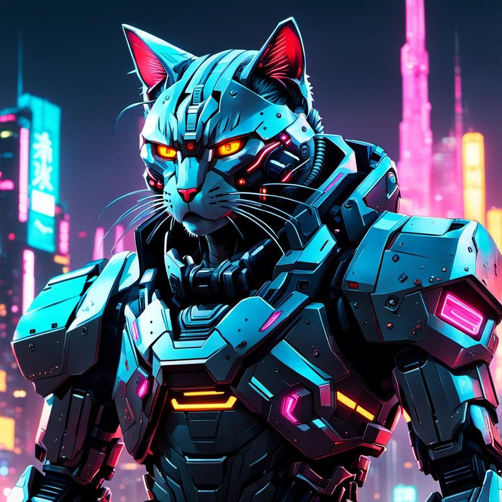 Anime Mecha Cat Warrior in Cyberpunk City