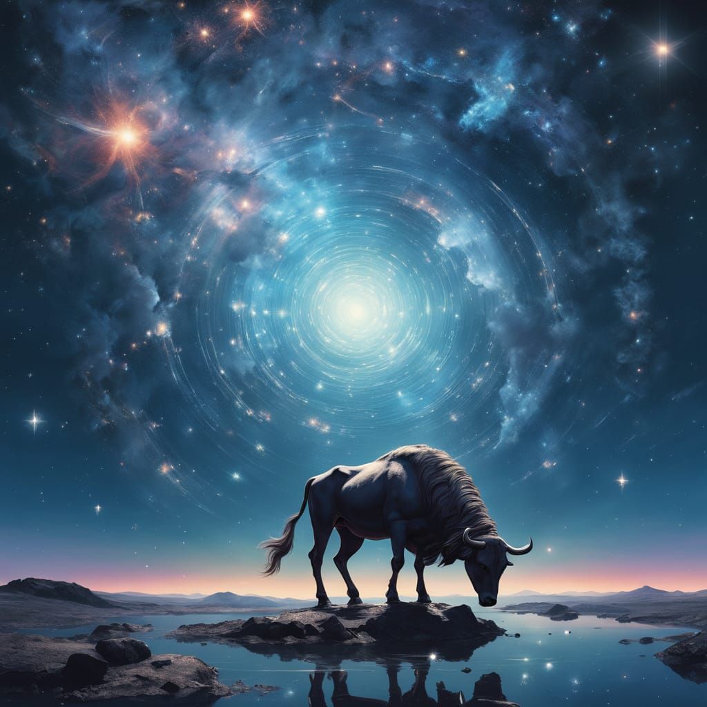Ethereal Nocturnal Landscape with Twinkling Celestial Bull