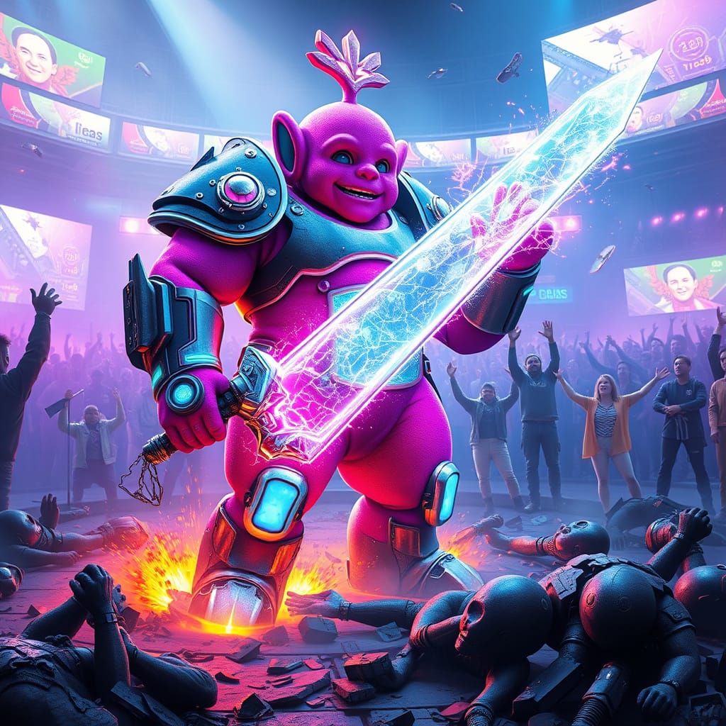 Cyberpunk Teletubby Gladiator Triumphs in Futuristic Arena