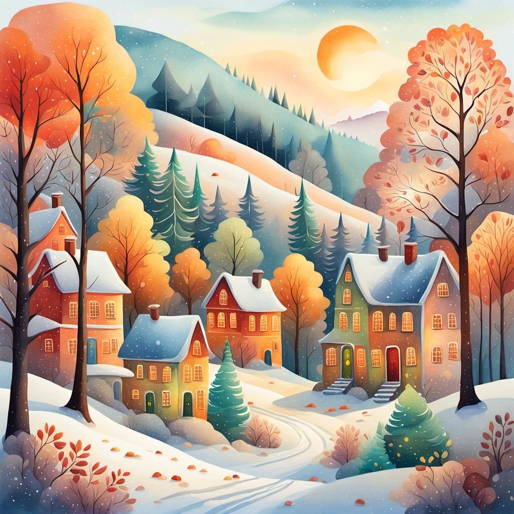 Naive Art Townscape in Snowy Forest