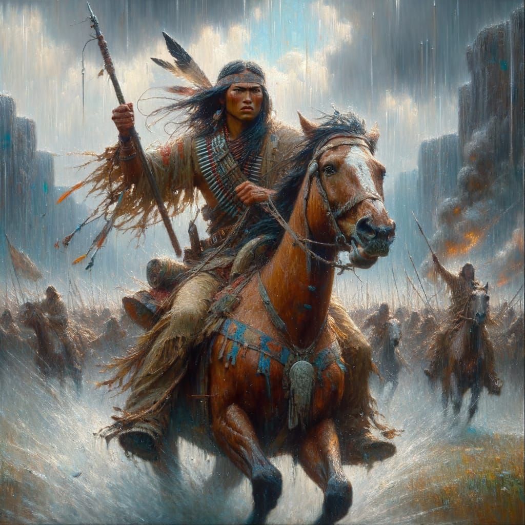 Native Warrior Leading Charge in Dramatic Rainstorm