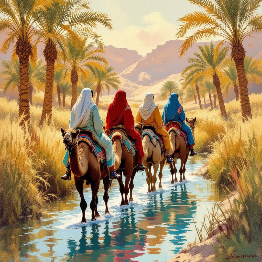 Camels in Wadi with Date Palms, Academic Style