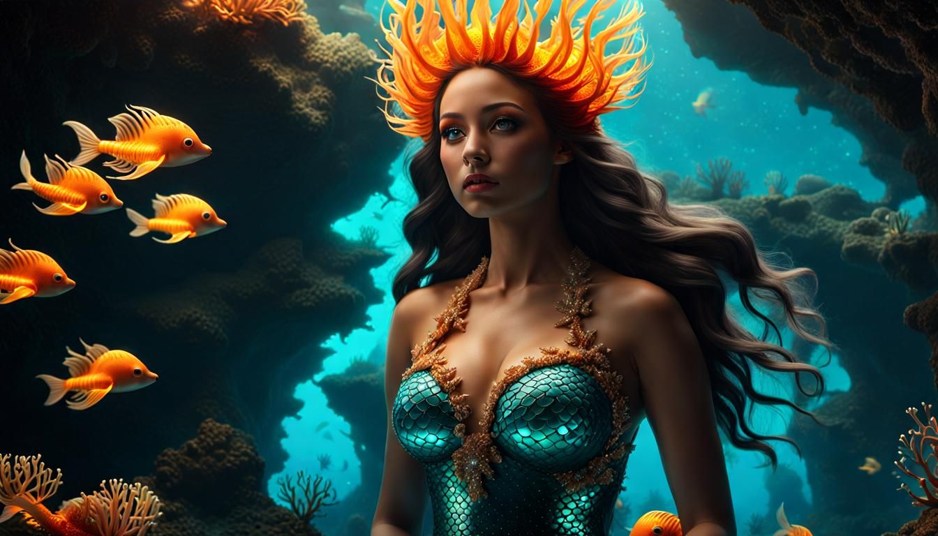 Mermaid in Coral Cave with Fire Jellyfish