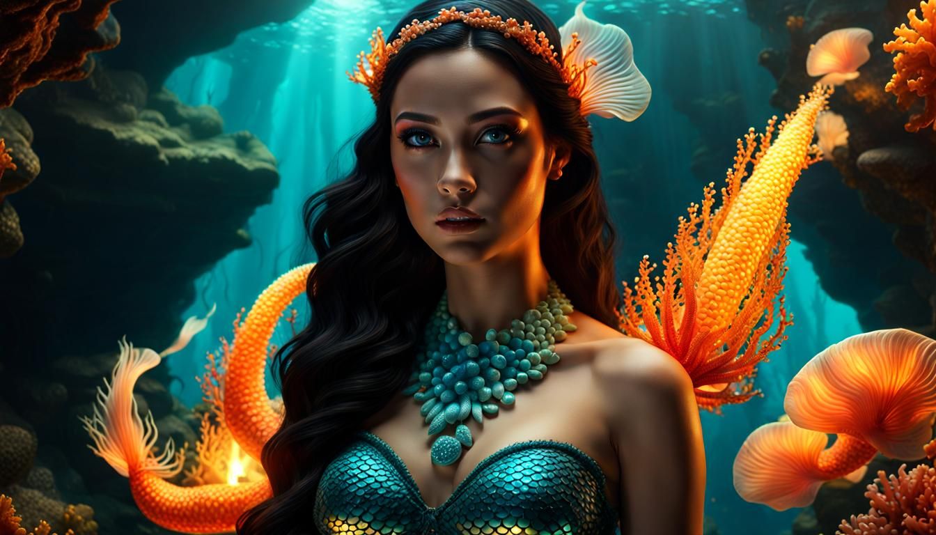 Mermaid in Coral Cave with Jellyfish