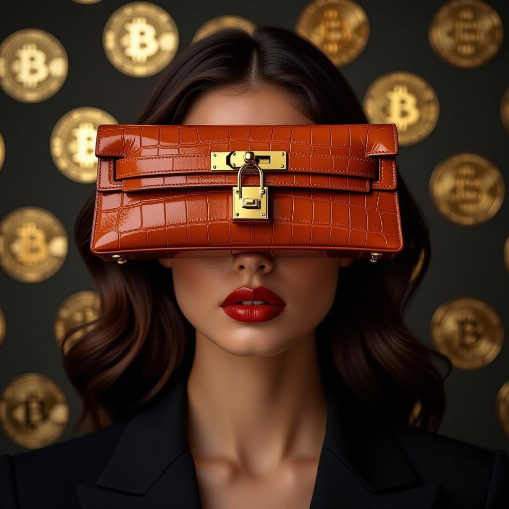 Woman With Hermes Bag Head and Bitcoin Logos