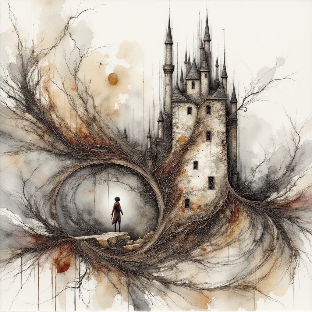 Misty Castle in Wet Watercolor with Fractal Details