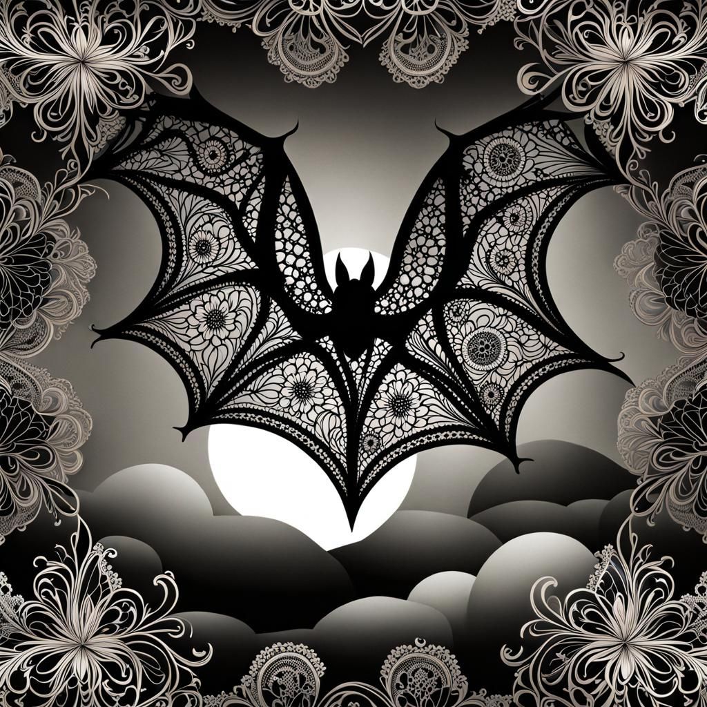 Bat in Flight as Fractal Black Lace Pattern