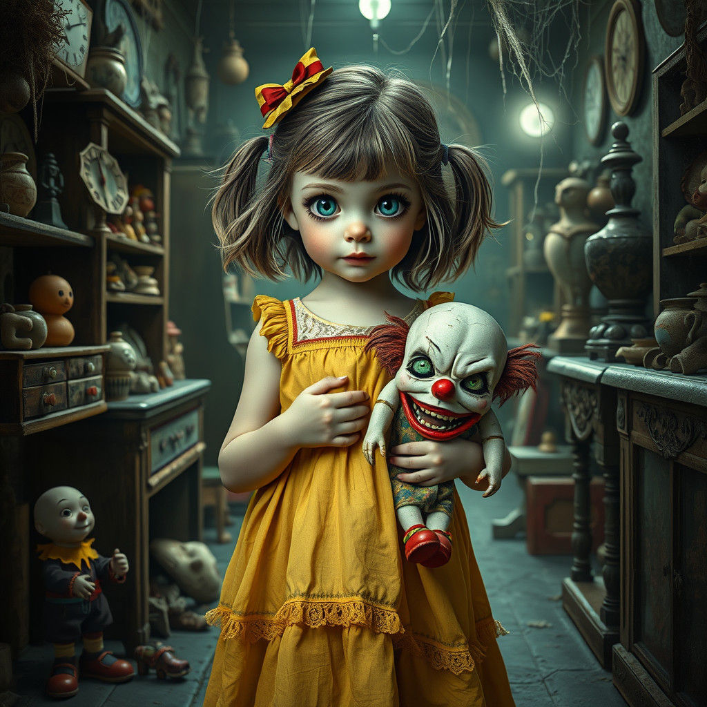 Eerie Girl with Kraken Clown Doll in Fornasetti Style