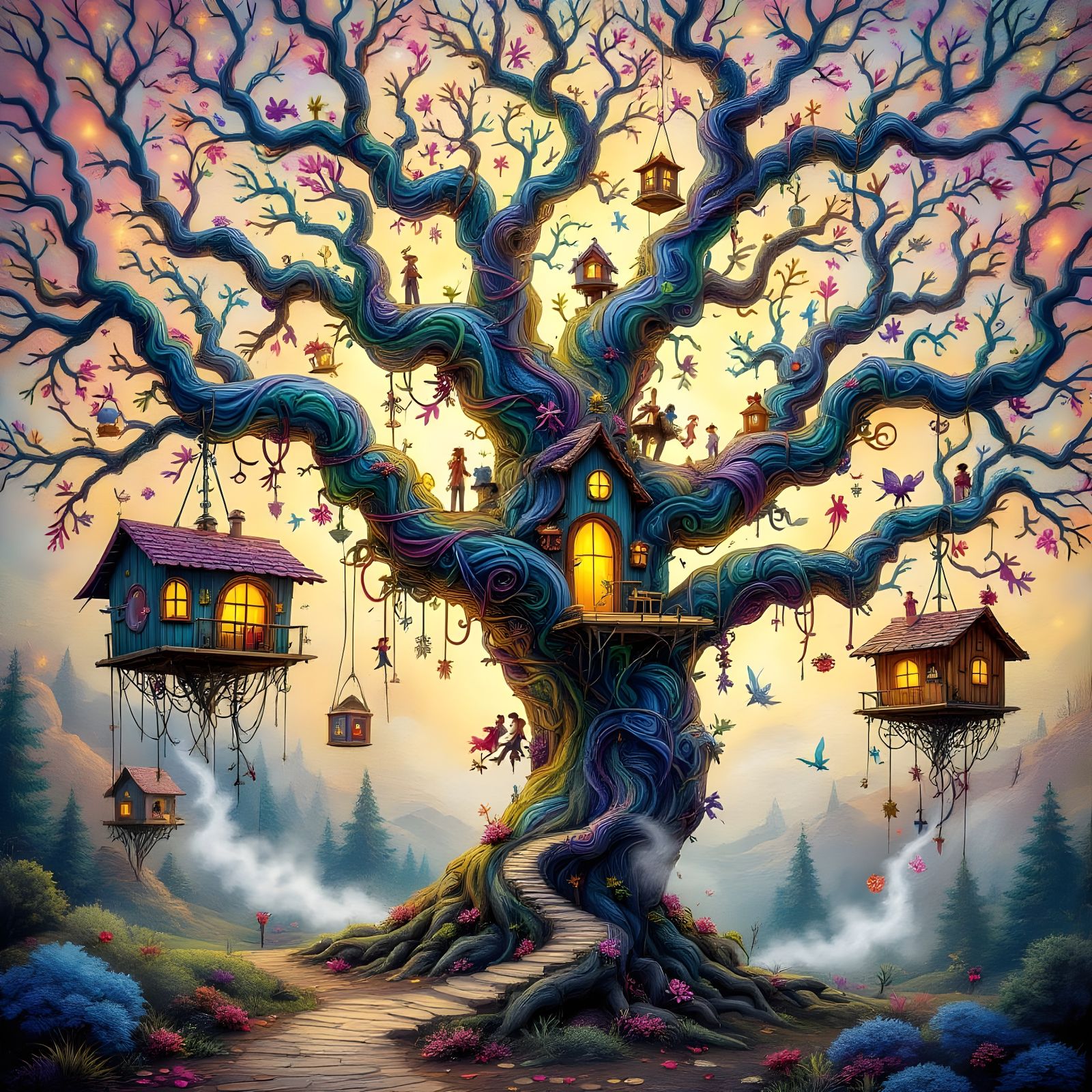 Surreal Ribbon Treehouses with Cosmic Energy