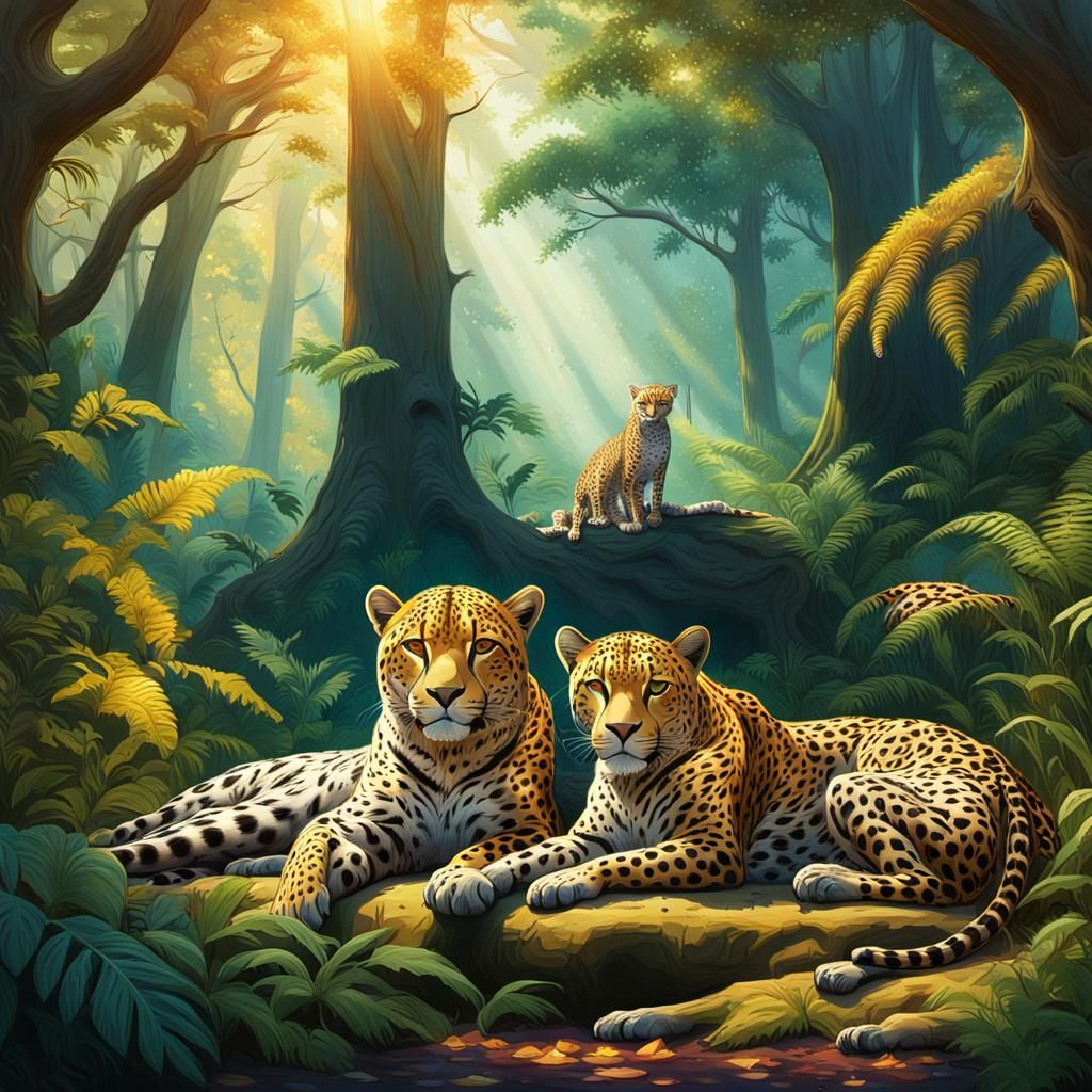 Cheetah and Jaguar Resting in Forest, Watercolor Embossing