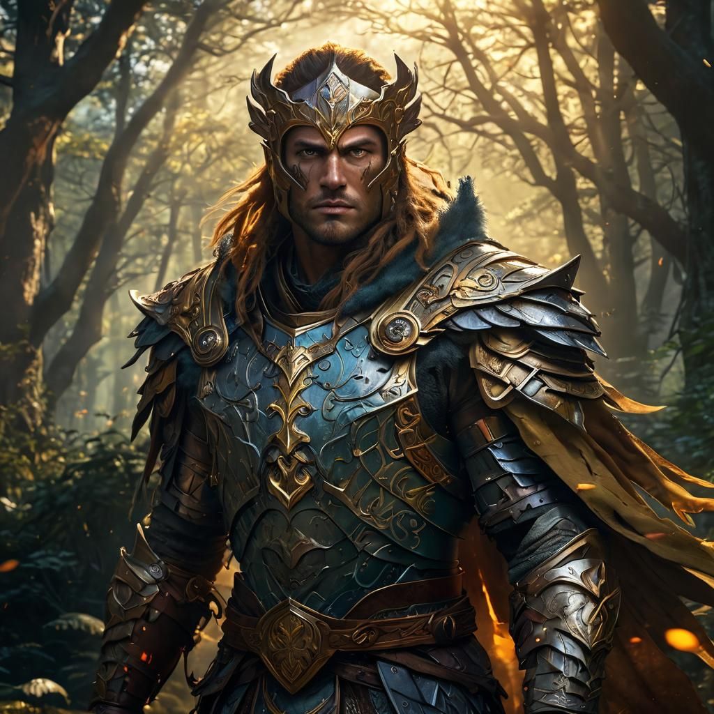 Heroic Warrior in Mystical Forest: Fantasy Concept Art