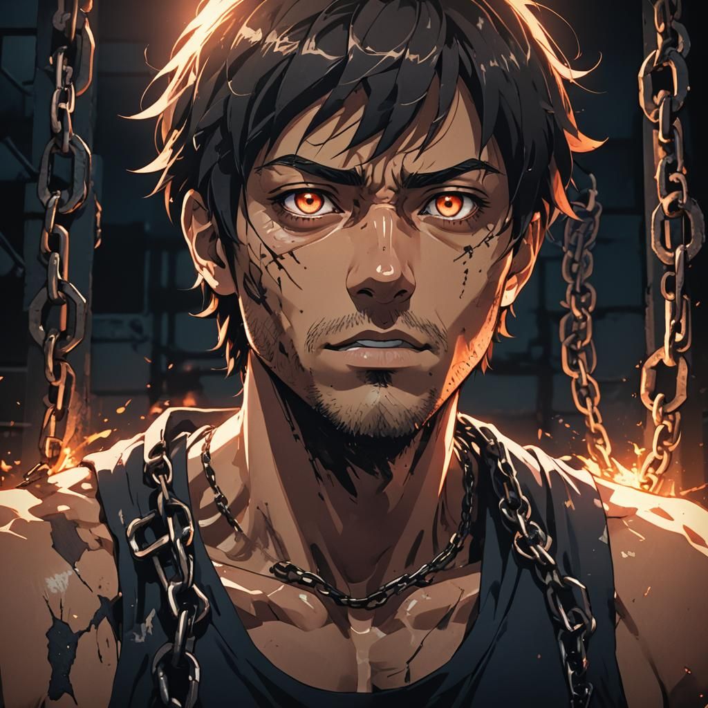 Anime Portrait: Man Breaking Chains in Prison Cell