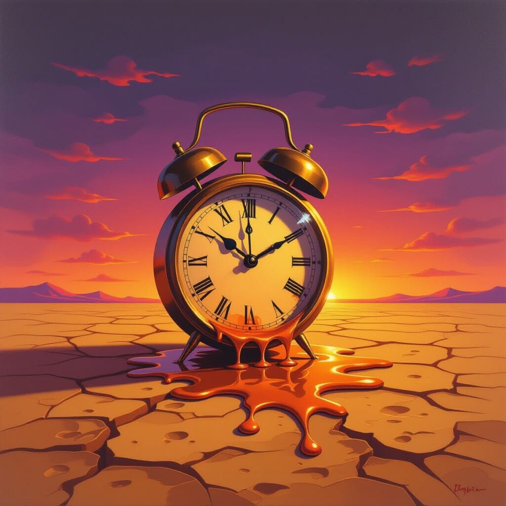 Surrealist Melting Clock in Golden Hour Landscape