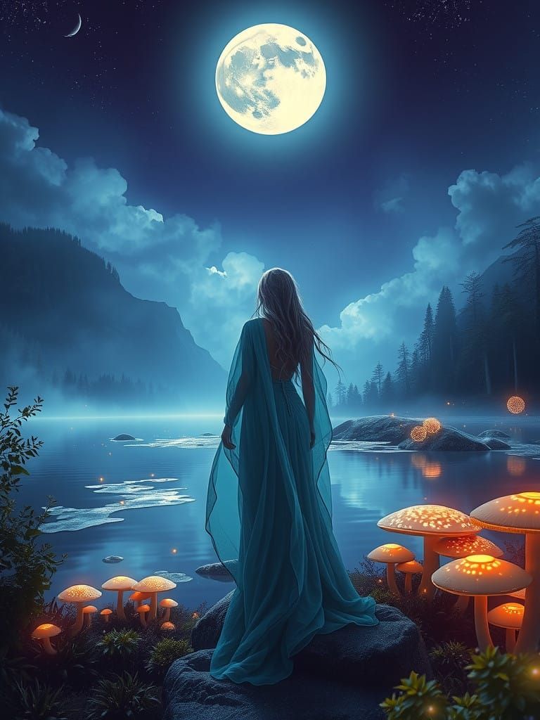 Dreamlike Moon Goddess in Vibrant, Lush Landscape