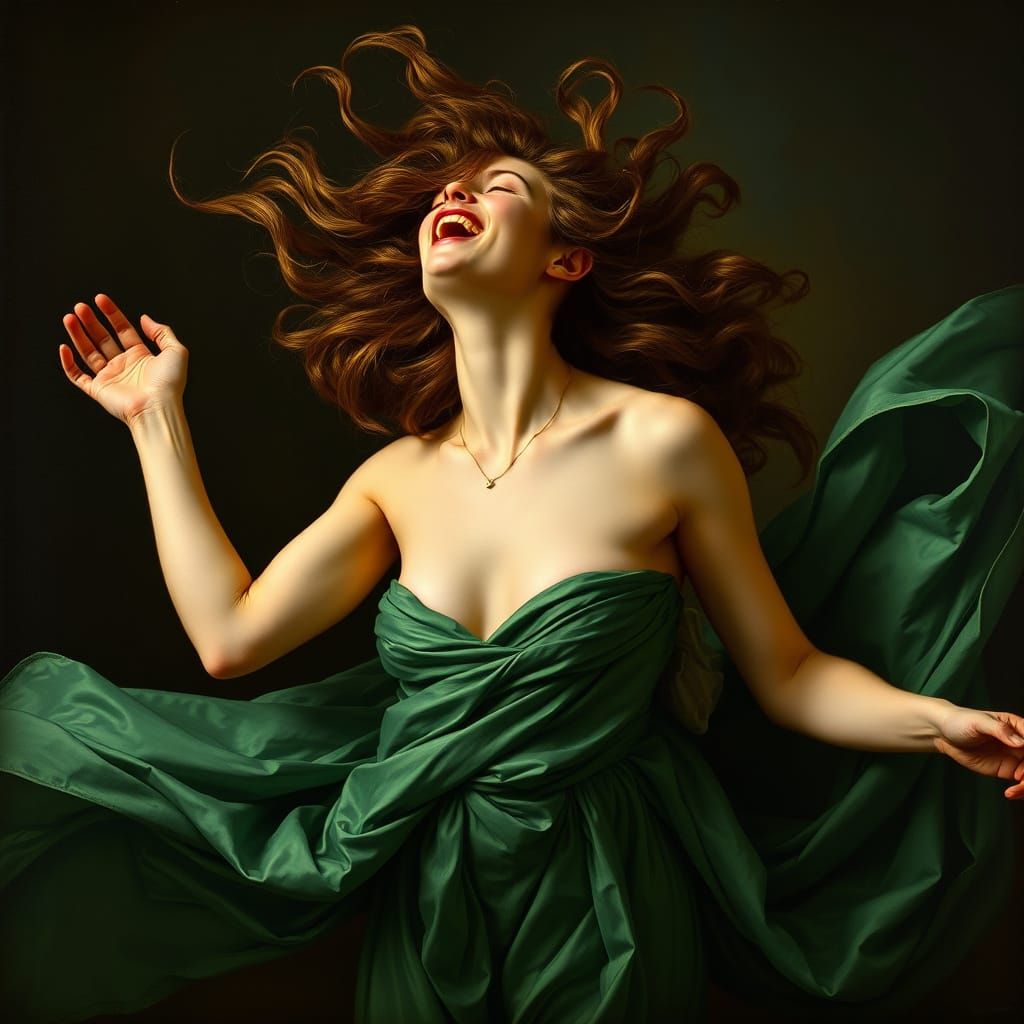 Woman in Emerald Gown in Ecstatic Joy