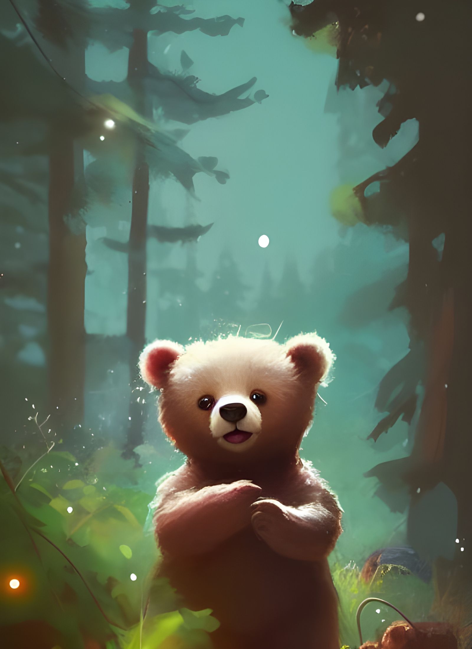 Cute Bear Portrait in Forest, Digital Illustration