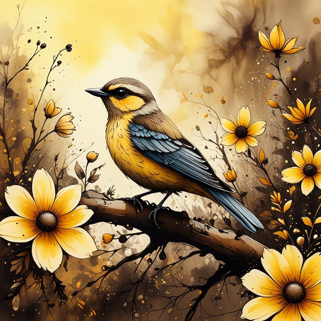 Whimsical Bird and Flowers Ink Painting