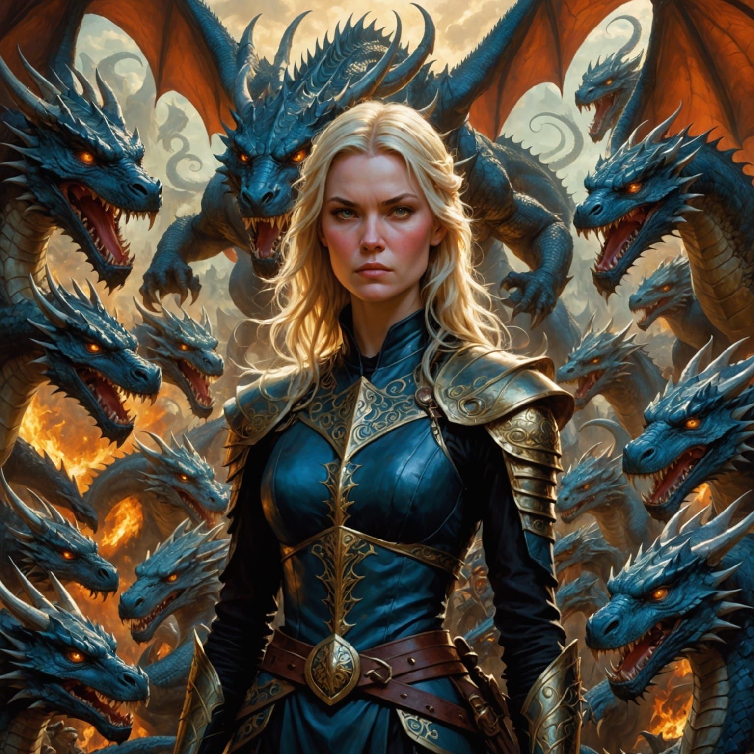 Regal Fantasy Woman Surrounded by Dragons in a Dramatic Scen...