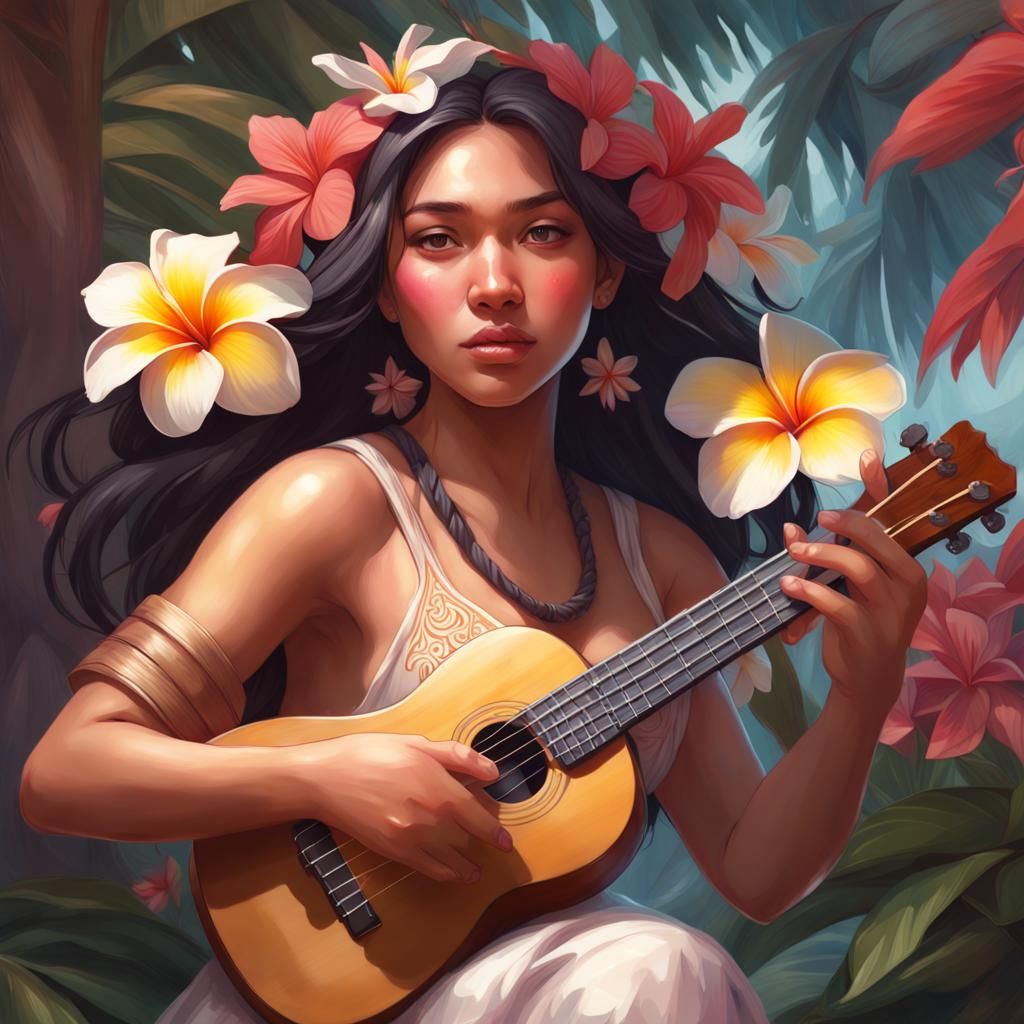 Filipina Girl Playing Ukulele with Flowers: Artgerm Style