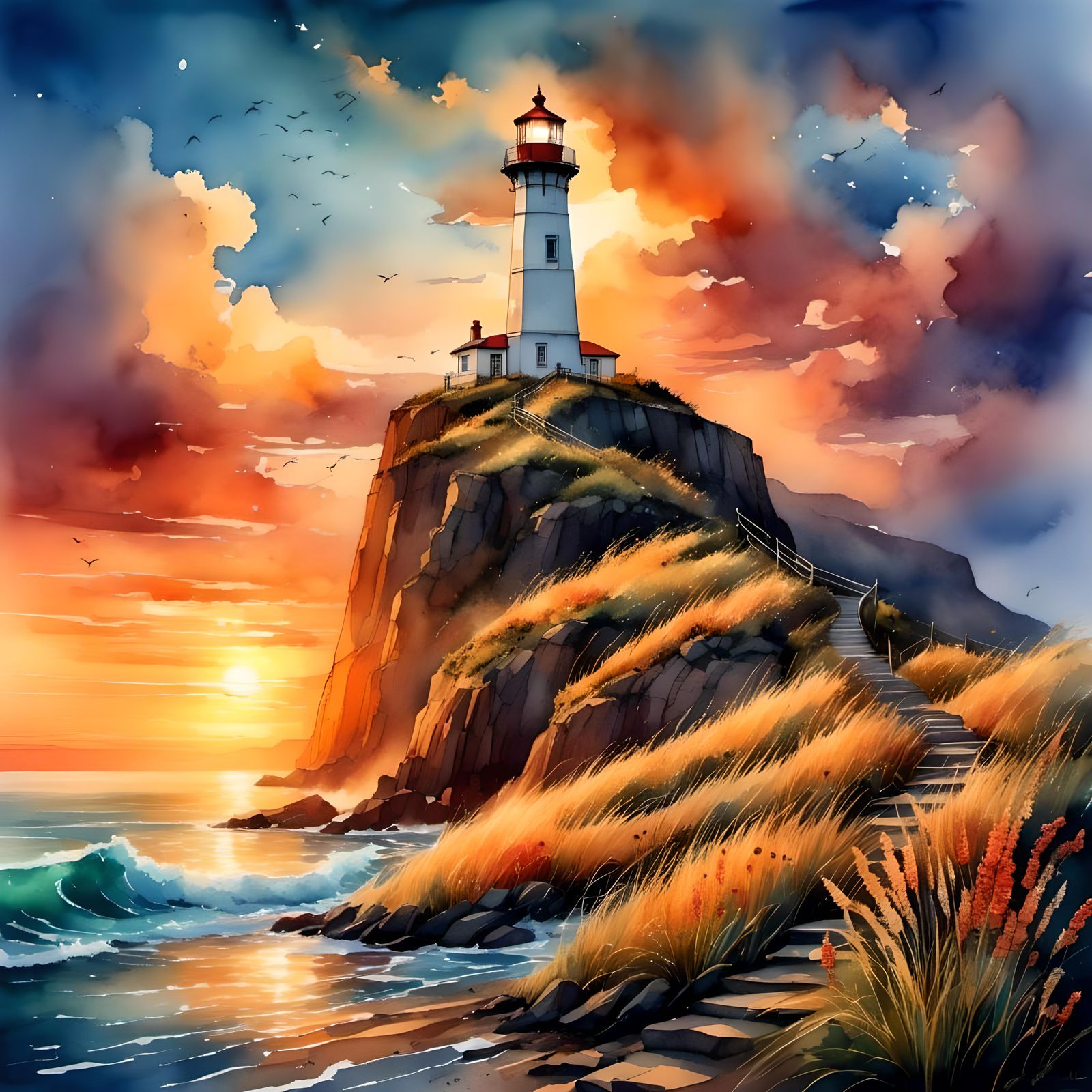 Tall Lighthouse at Sunset Watercolor Painting