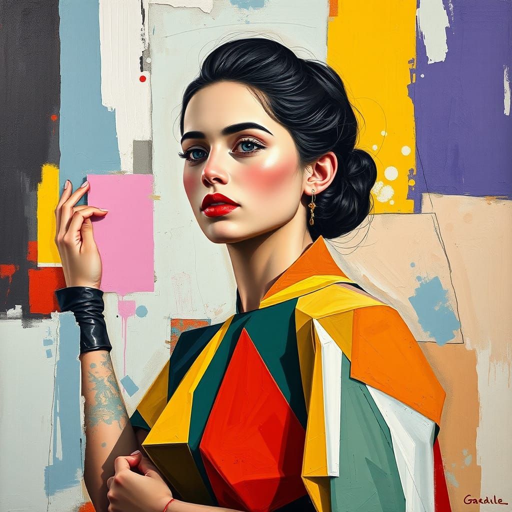 Cubist Painting of Young Woman in Geometric Dress