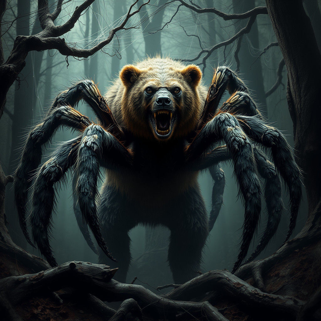Terrifying Bear-Spider Hybrid in Biomechanical Horror Style