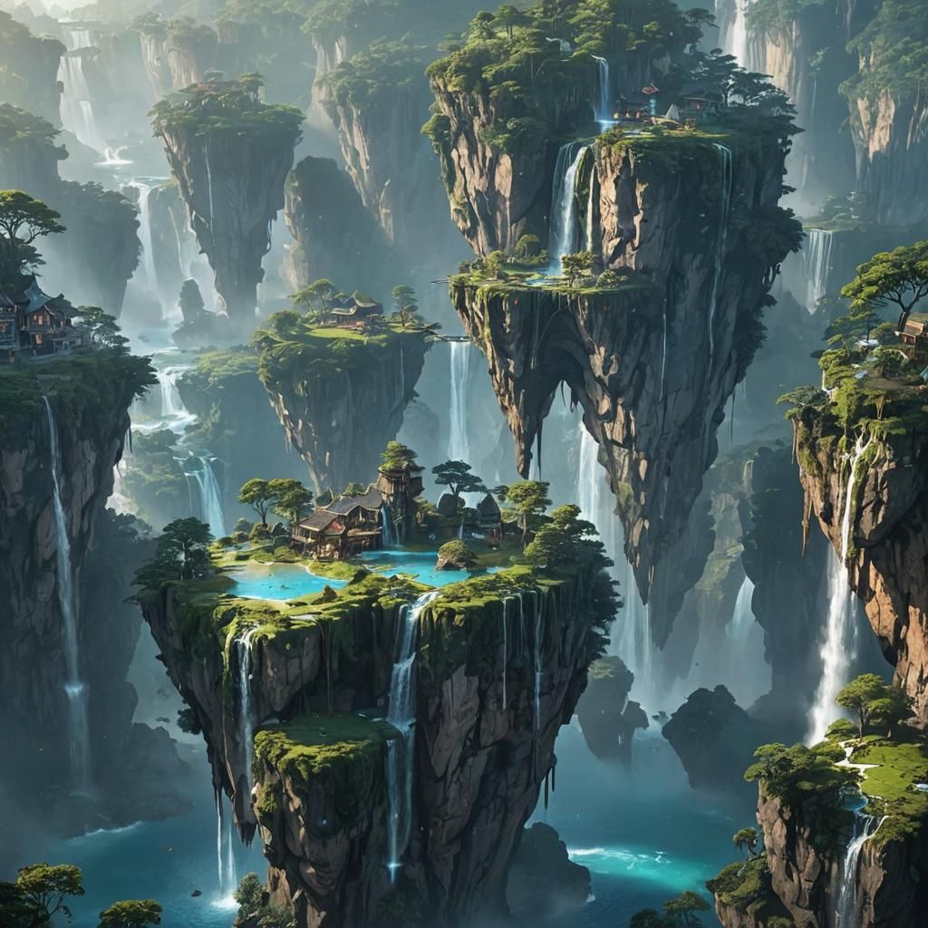 Surreal Landscape with Floating Islands and Waterfalls
