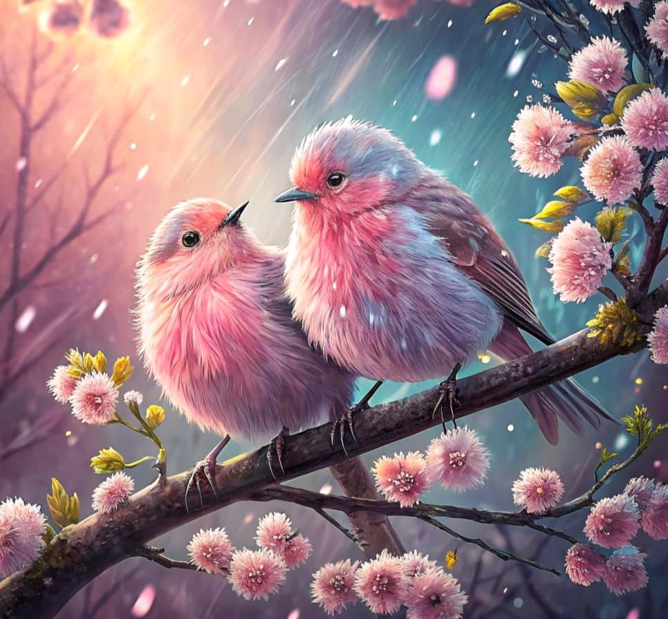 Delicate Watercolour Portrait of Snuggled Pink Robins in Blo...