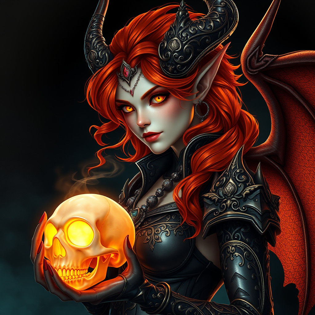 Fiery Demon Woman with Skull in Art Nouveau Style