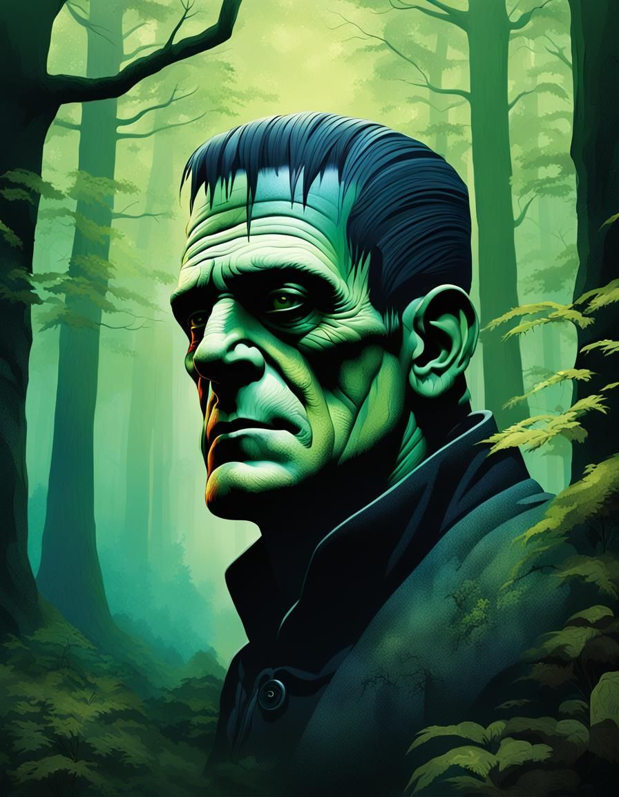 Hyperrealistic Frankenstein Portrait in Misty Forest