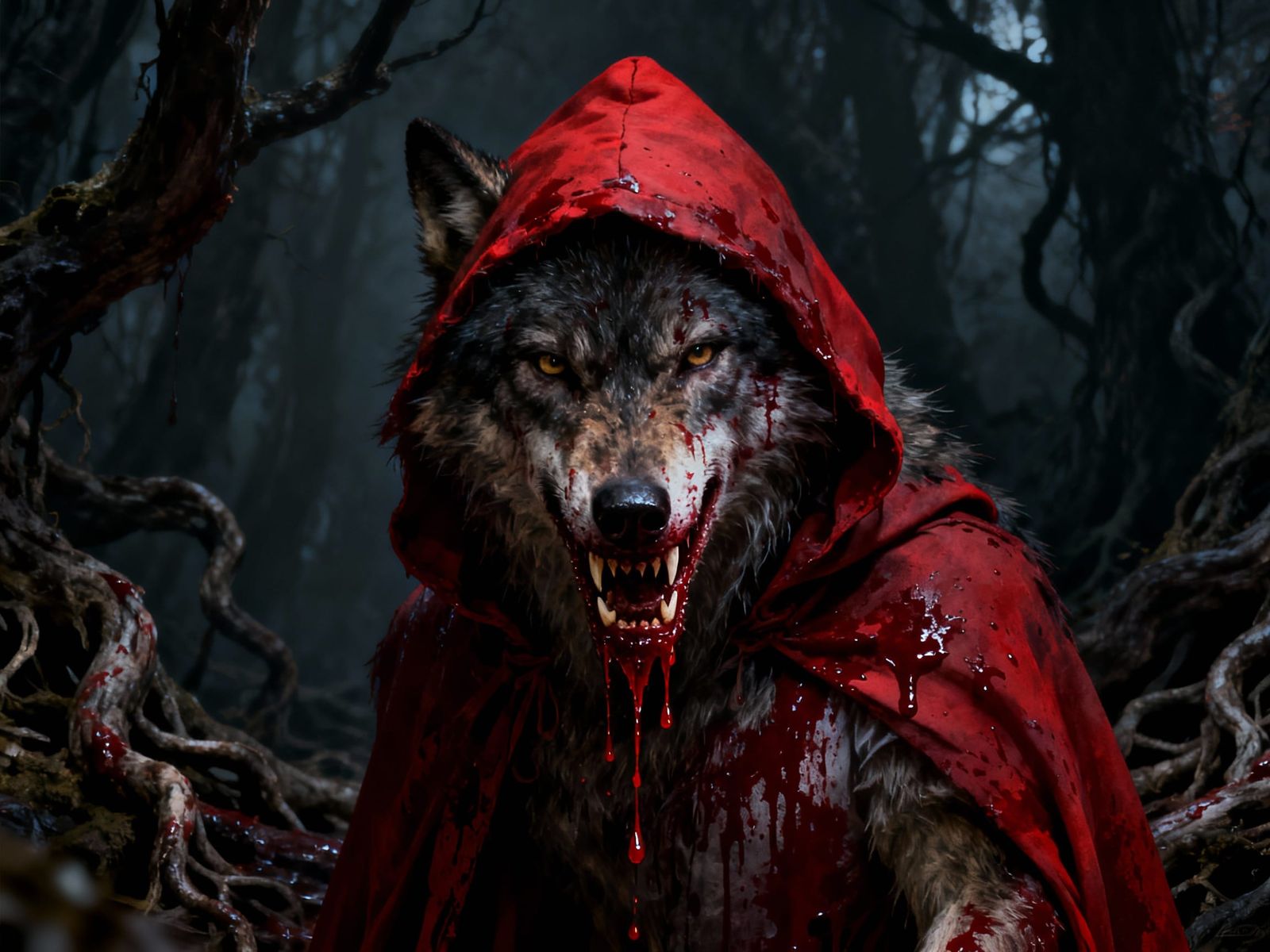 Big Bad Wolf in Red Hood, Dripping Blood in Dark Woods