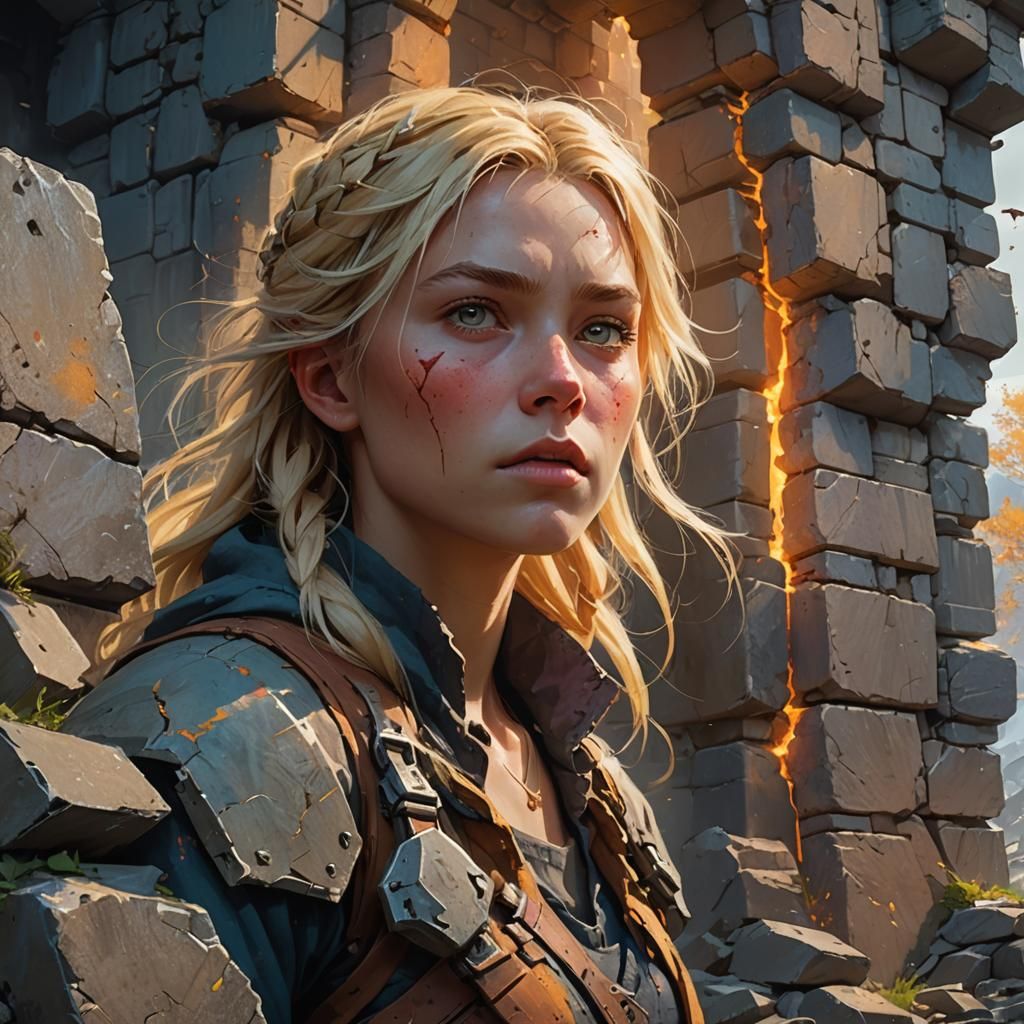 Blond Woman Breaks Stone Barriers in Fantasy Art