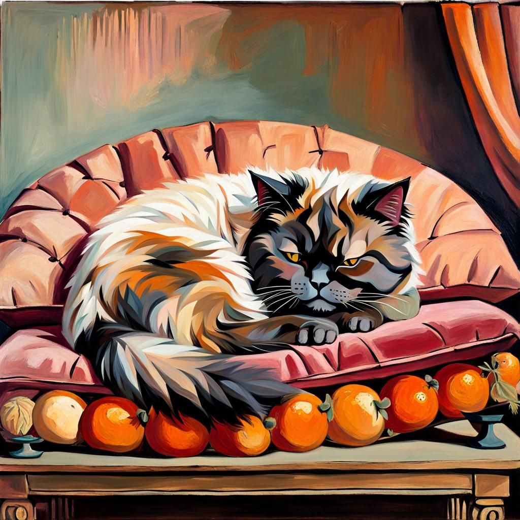 oil painting of a Persian cat sleeping on a velvet pillow on...