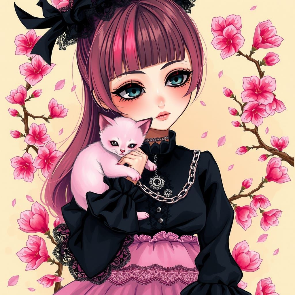 Goth Girl with Kitten in Cherry Blossom Wonderland